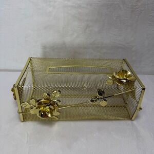 VTG Gold Tone Mesh Tissue Box Cover Holder Hollywood Regency Rose Floral Metal